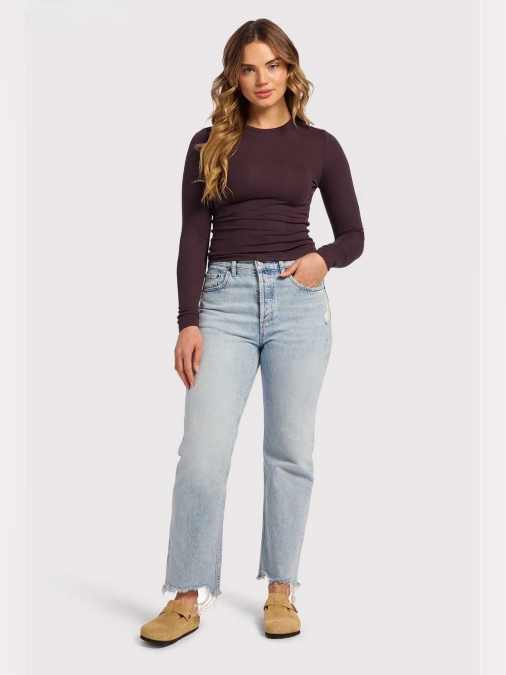 Nuuds Eggplant Slinky Ribbed Long Sleeve High Crew Neck Tee Size XL